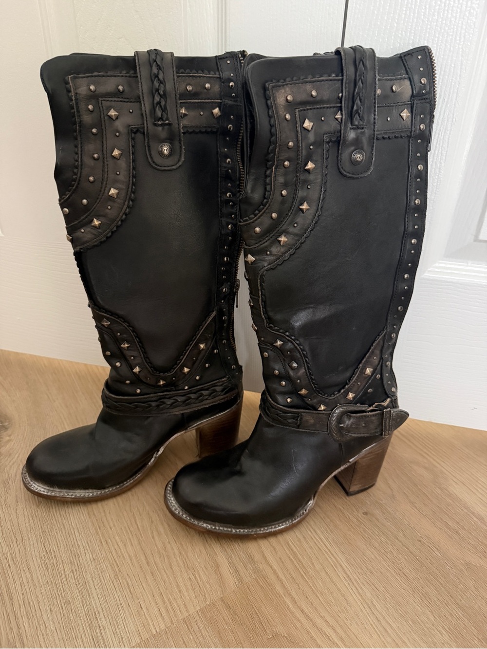 freebird Black Studded Western Block Heel Mid-Calf Boots